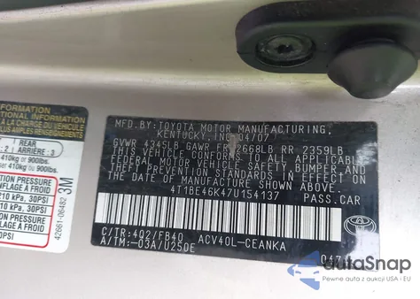 2007 Toyota Camry Le из США, поврежденный, VIN 4T1BE46K47U154137